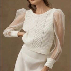 Maeve Ivory Sheer-Sleeve Crewneck Sweater